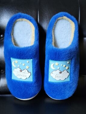 NWOT Peanuts Snoopy Blue Fuzzy Sherpa Lined Plush Slip On House Slippers L/XL